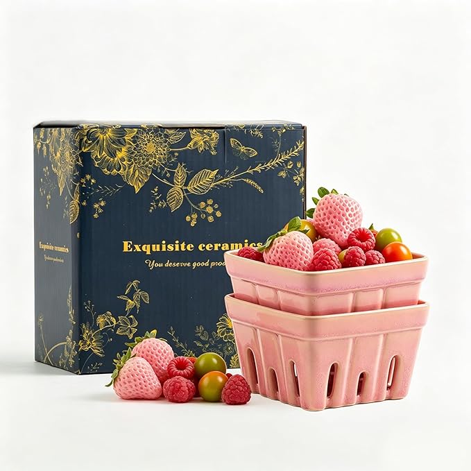 Ceramic Berry Basket, 5.4" Colander Set of 2 with Holes | Drainage holes help excess water flow away after washing berries, grapes, cherries, tomatoes, and fresh fruit by Unknown