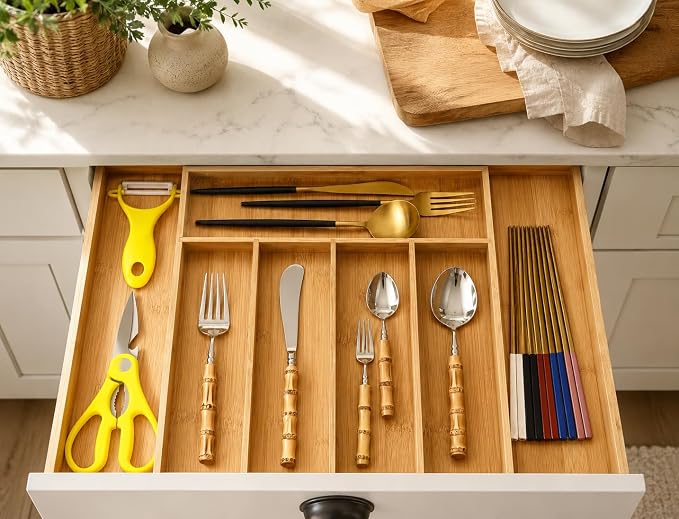 MASS DYNAMIC Bamboo Expandable Cutlery Tray (7 Compartments (5S & 2L)) - Image 6