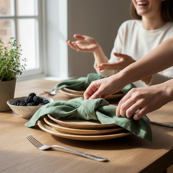 Linen Napkins –100% French Flax – Stonewashed Pure Linen Cloth Napkins - Size 18 Inch x 18 Inch – Set of 4 (Soft Rustic Green) - Image 4