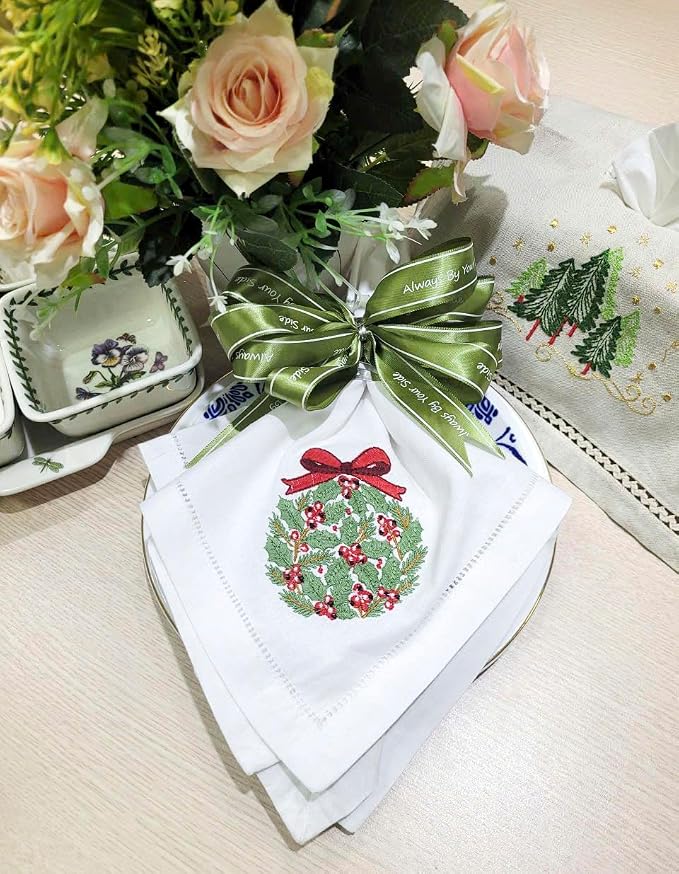 Embroidered Cloth Napkin Pine Christmas Wreath Cotton Napkins Set of 6, 20 x 20 Hemstitch Table Napkins, Machine Washable, for Daily & Holiday Dining, Great Gift Ideas - Image 5