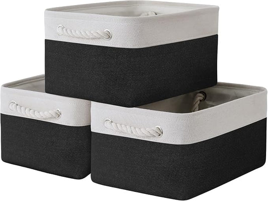 Storage Basket for Organizing - 3 Pack 13.8x9.8x6.7 inch Medium Collapsible Storage Bin for Shelves with Handles Organizer Closet Cubes Cloth Gift Toy (White & Black) by TheWarmHome