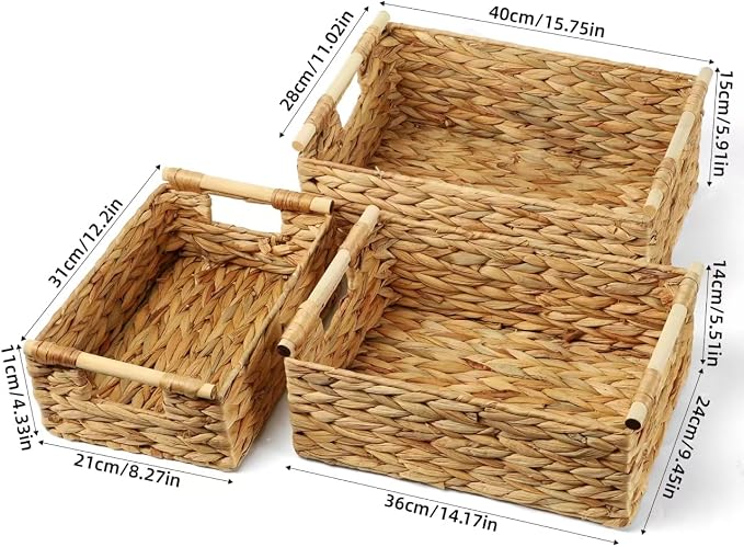 Wicker Storage Baskets for Organizing 3 Pack,Natural Water Hyacinth Ratten Baskets with Wooden Handles, Decorative Handwoven Storage Baskets for Shelves, Bathroom, Pantry or Kitchen - Image 2