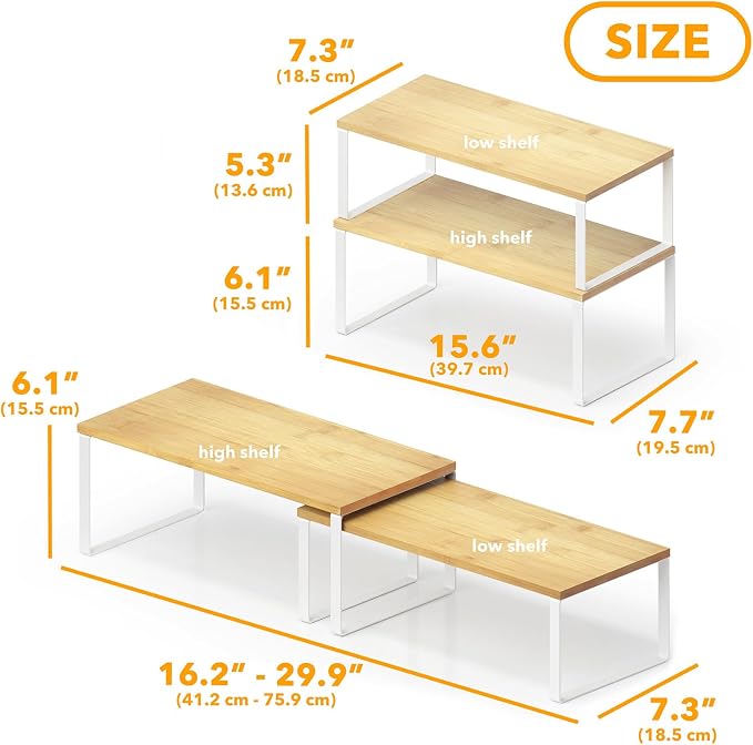 SpaceAid Cabinet Shelf Organizers 2 Pack, Kitchen Counter Rack Shelves Riser, Stackable Expandable Spice Rack, Pantry Cupboard Storage Organization (White and Natural, Long) - Image 2