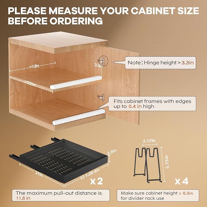 Seinloes 2 Pack Pull out Cabinet Organizer 21"Deep With Raising Pad for Framed Cabinets, Expandable Slide out Drawers for Kitchen Cabinets with 4pcs Divider Racks, Roll out Shelves 12.1"-20.4" W Black - Image 4