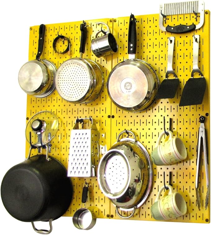 Wall Control Kitchen Pegboard Organizer Pots and Pans Storage Rack Organization Kit with Yellow Pegboard and Blue Accessories by Wall+Control