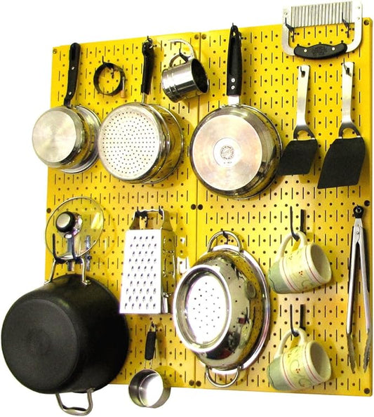 Wall Control Kitchen Pegboard Organizer Pots and Pans Storage Rack Organization Kit with Yellow Pegboard and Blue Accessories by Wall+Control