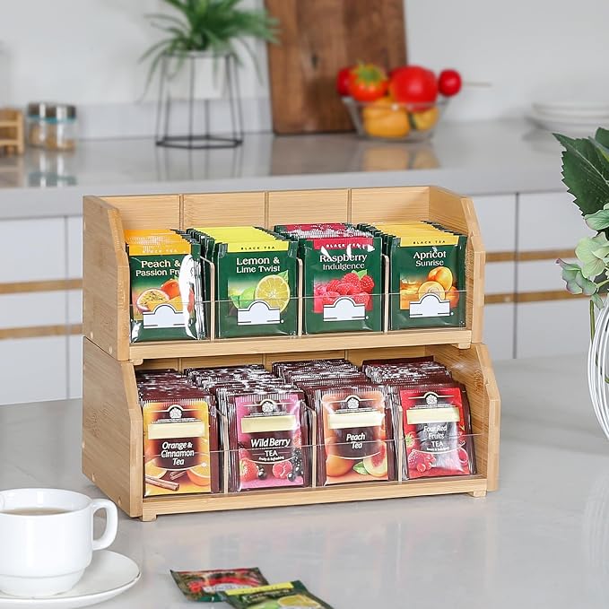 2-Layer Stackable Bamboo Tea Bag Organizer Storage Holder, Natural | Holds 150 tea bags, Removable Compartments, Wood, Acrylic dividers, 12.2 x 5.9 x 9.25 in, for Cabinet, Countertop, Office - Image 6