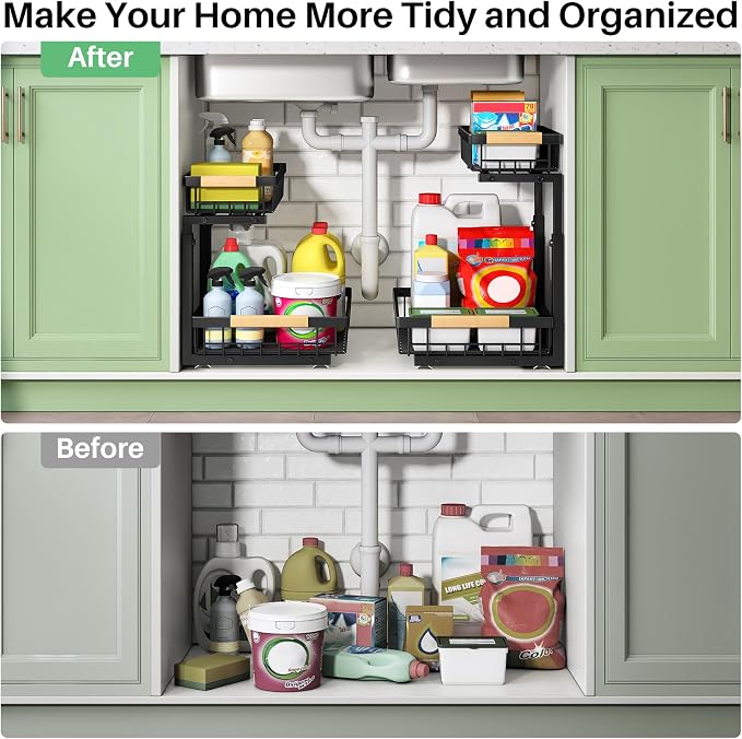 Kitstorack Under Sink Organizer, 2 Tier Under the Sink Storage, Slide out Pull out Cabinet Organizer Shelf, Metal Sliding Drawer for Kitchen Bathroom Pantry Closet Organization Rack, Black, 1 Pack - Image 8