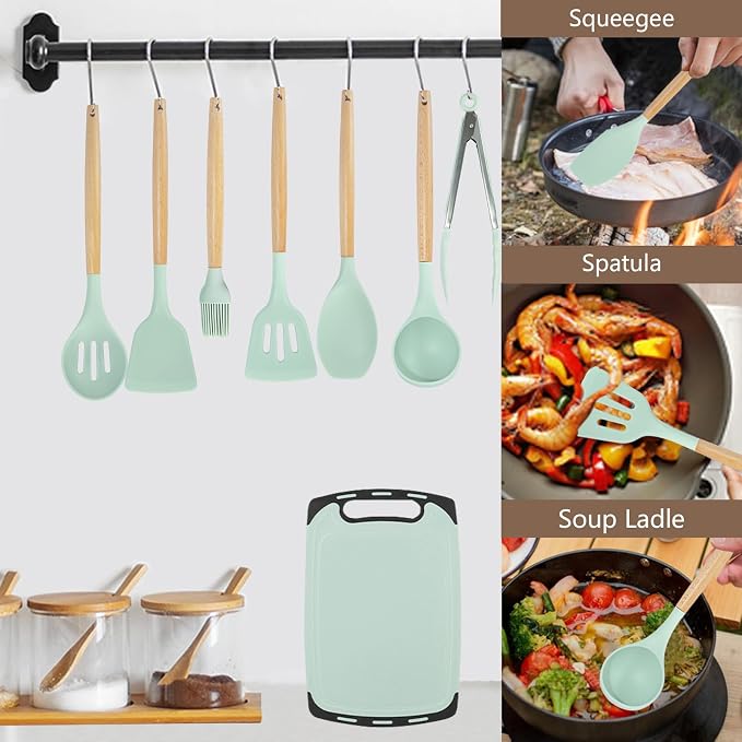 Cooking Utensils Set - 19 Piece Set with 11 Spatulas, 6 Sharp Knives, Silicone Utensils & Cutting Board (Green) - Image 2