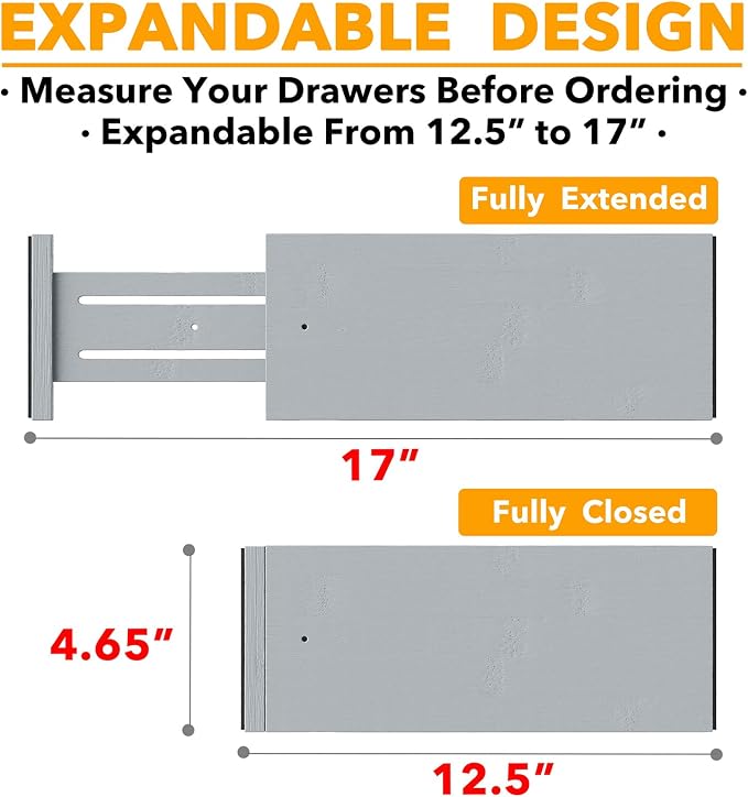 SpaceAid Bamboo 4 Pack Dresser Drawer Dividers, 4.65“ High Adjustable 12.5“-17” Drawer Organizers, Expandable Organization for Clothing, Clothes, Dressers, Gray - Image 3