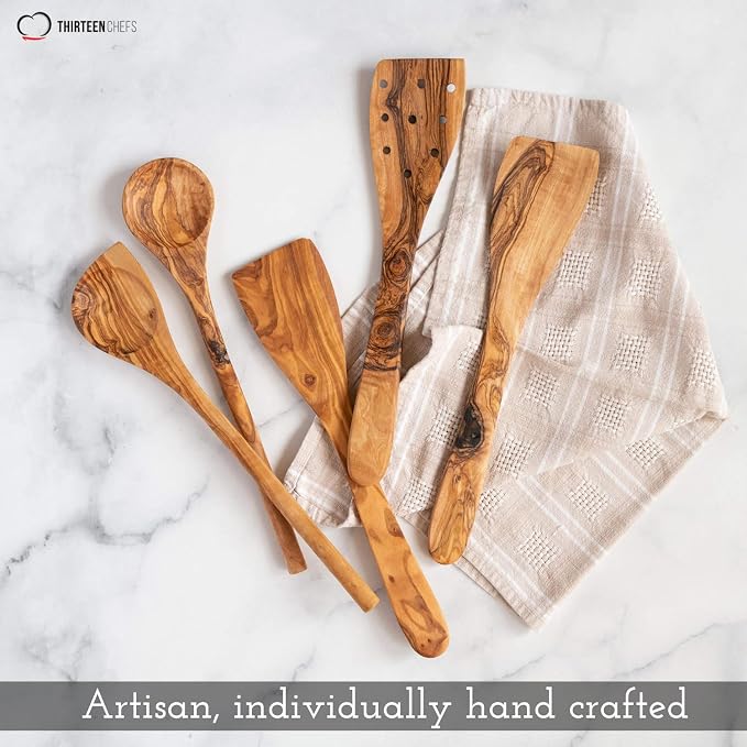Tramanto Olive Wood Utensil Set - 5 Piece Spatula and Spoon Wooden Cooking Tools, 12 Inch Long, Rustic Hand Made with Gift Box - Image 5