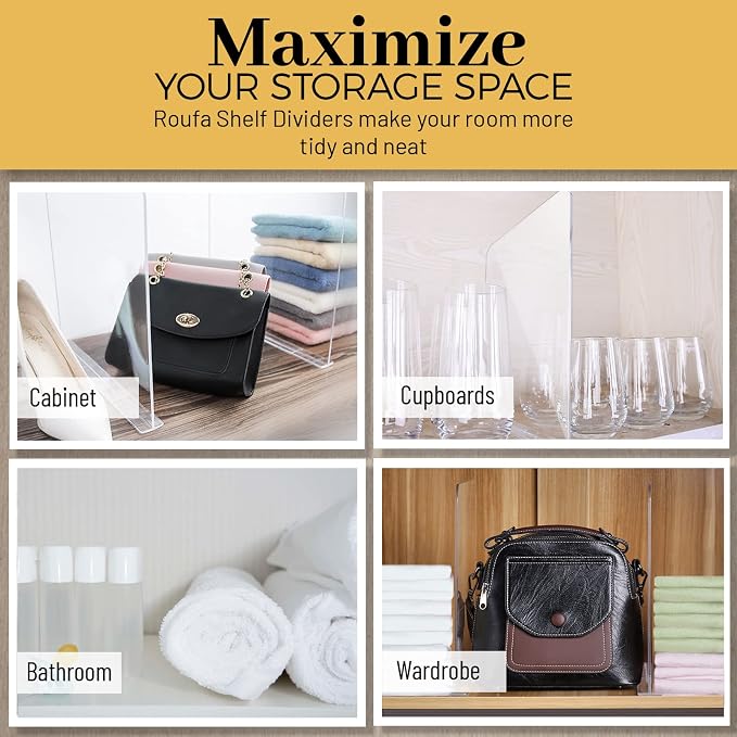 ROUFA 6Pcs Clear Acrylic Shelf Dividers, Closet Organizer Wood Shelf Separators Purse Organizer for Bedroom, Kitchen, Office, Bathroom 11.8''x11'' - Image 5