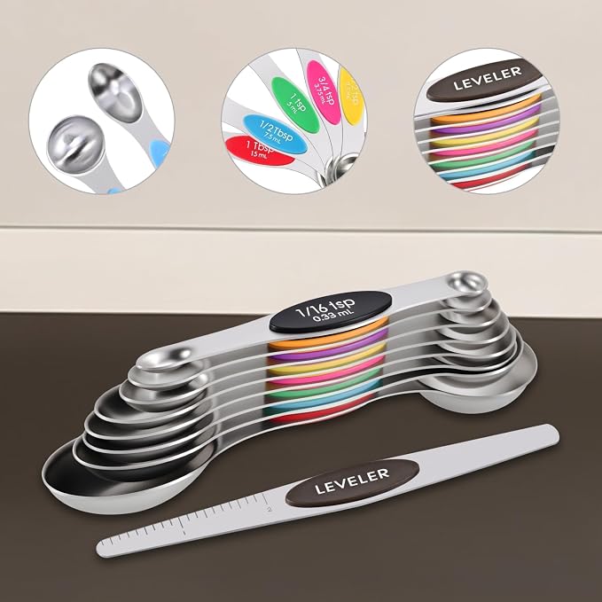 EDELIN Magnetic Measuring Cups and Spoons Set, Stainless Steel 7 cup and 7 spoon with 1 Leveler, 18/8 304 stainless steel (Multicolour 15 sets) - Image 6