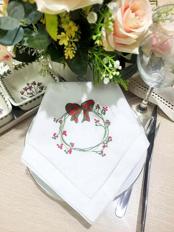 Embroidered Cloth Napkin Red Bow & Berry Wreath Christmas Cotton Napkins Set of 6, 20 x 20 Hemstitch Table Napkins, Machine Washable, Daily & Holidays, Great Gift Ideas - Image 5