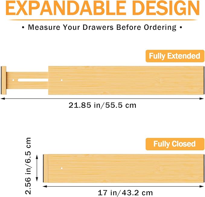 Bamboo Drawer Dividers Organizers, 2.56" High, 17"-21.8" Adjustable, 4 Pack | Expandable Separators, Great for Utensils, Kitchen, Bedroom, Dresser and Office Storage - Image 3