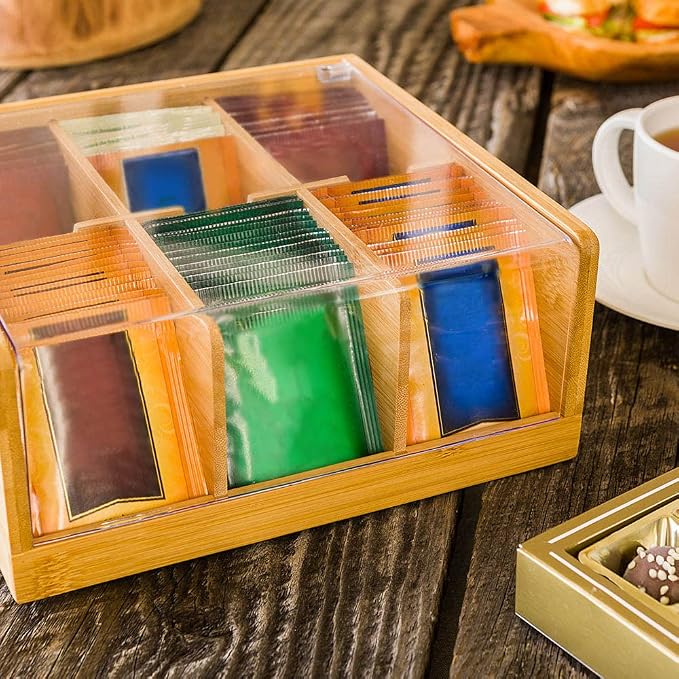 Restaurantware-8.5 x 8 x 3.5 Inch Tea Box Organizer, 1 Sustainable Tea Box Container - 6 Compartments, With Plastic Cover, Bamboo Tea Bag Organizer Storage Box, Durable, For Countertops And Cabinets - Image 3