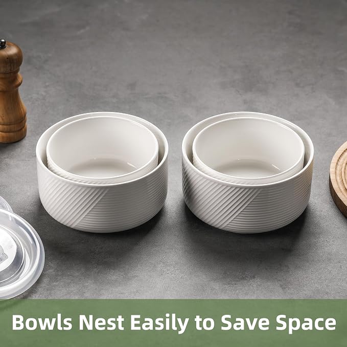Ceramic Nesting Bowls with Lid, Microwave Safe, Set of 4, White | Food Storage Containers for Work Lunch Picnic Camping Meal Prep Soup Salad Cereal Leftovers - 5 & 6 Inch, 20 & 32 oz - Image 6
