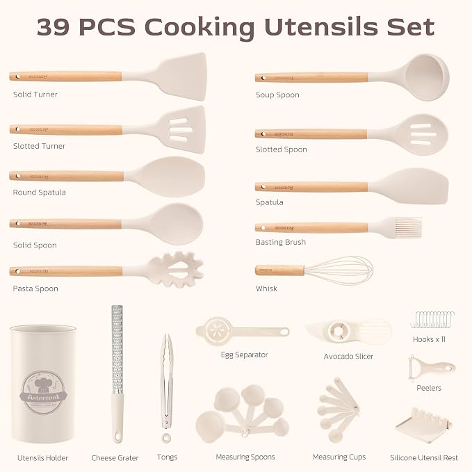 Astercook Kitchen Utensils set, 39 PCS Silicone Cooking Utensils Set with Wooden Handle, 446°F Heat Resistant Food Grade Utensil Sets, BPA Free Kitchen Gadgets Tools Set for Nonstick Cookware (Cream) - Image 2