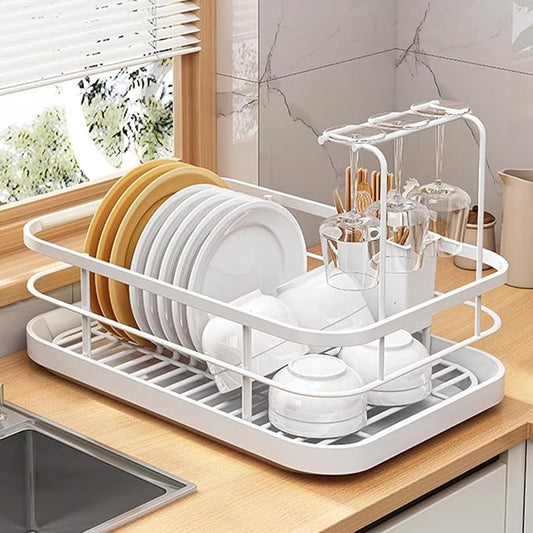 Kitchen Counter Dish Drying Rack,Stainless Steel Dishes Drainer with Utensil Holder,Space-Saving Dish Rack,Removable Plastic Drainer Tray for Dishes, Knives, Spoons (White,Has Cup Holder) by SINGID