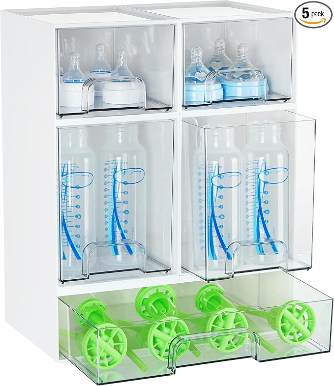 Vtopmart Stackable Storage Drawers Set of 5, Plastic Organizer Bins for Baby Bottle, Beauty Supplies Storage, Ideal for Kichen Countertop, Vanity, Bathroom, Cabinet, Pantry Organization,White by Vtopmart