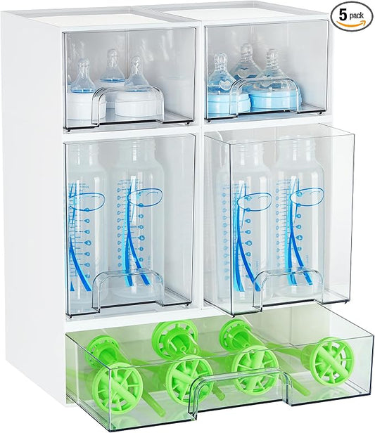 Vtopmart Stackable Storage Drawers Set of 5, Plastic Organizer Bins for Baby Bottle, Beauty Supplies Storage, Ideal for Kichen Countertop, Vanity, Bathroom, Cabinet, Pantry Organization,White by Vtopmart