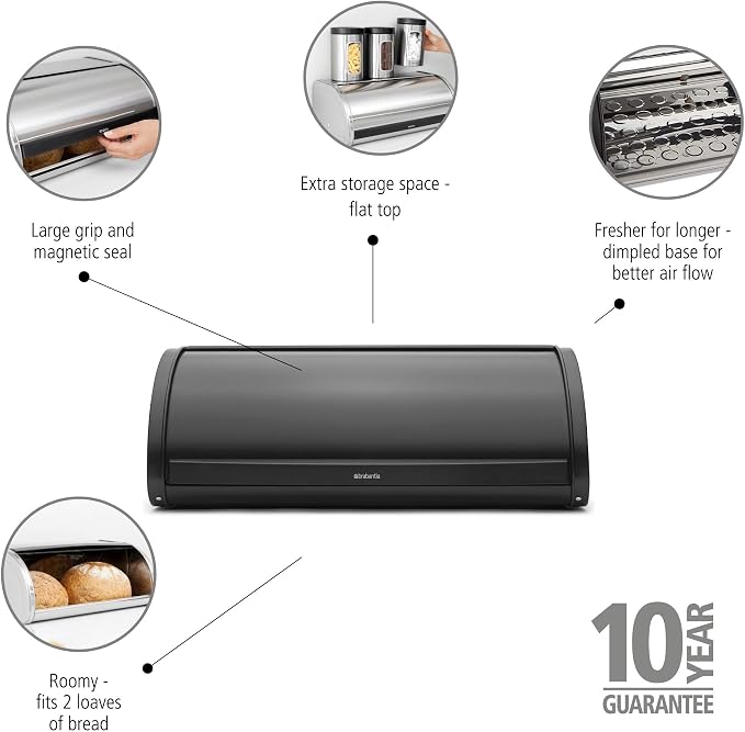 Brabantia Roll Top Bread Box | Large | Matt Black | Metal Front Opening Bread Store for Kitchen Countertop | Partly Flat Top for Extra Storage, Magnet Closing Lid | Fits 2 Loaves - Image 3