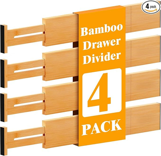 Bamboo Drawer Dividers, 12-21 Inch Kitchen Adjustable Drawer Organizers | Expandable Dresser Separators for Clothes, Ideal for Kitchen, Bathroom, Vanity, Office Organization and Storage, 4-Pack by Ryqtop