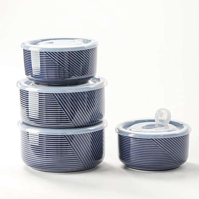 Ceramic Nesting Bowls with Lid, Microwave Safe, Set of 4, Navy | Food Storage Containers for Work Lunch Picnic Camping Meal Prep Soup Salad Cereal Leftovers - 5 & 6 Inch, 20 & 32 oz by Adewnest