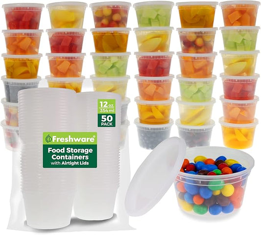 Freshware Food Storage Containers [50 Set] 12 oz Plastic Deli Containers with Lids, Slime, Soup, Meal Prep Containers | BPA Free | Stackable | Leakproof | Microwave/Dishwasher/Freezer Safe by Freshware