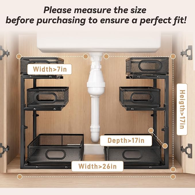 3-Tier Under Sink Organizer 2-Pack Organization for Bathroom Kitchen,Black | Thickened Metal Pull Out Cabinet Shelf Height Adjustable Slide Out Drawer Storage Rack for Pantry Laundry Home Office - Image 3