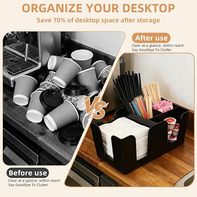 Commercial Cup and Lid Holder with Straw Organizer,Disposable Coffee Cup Condiment Dispenser for Countertop Org, Coffee Bar, Beverage Cup, Kitchen, Breakroom (Bar Caddy with 6 Compartments) - Image 4