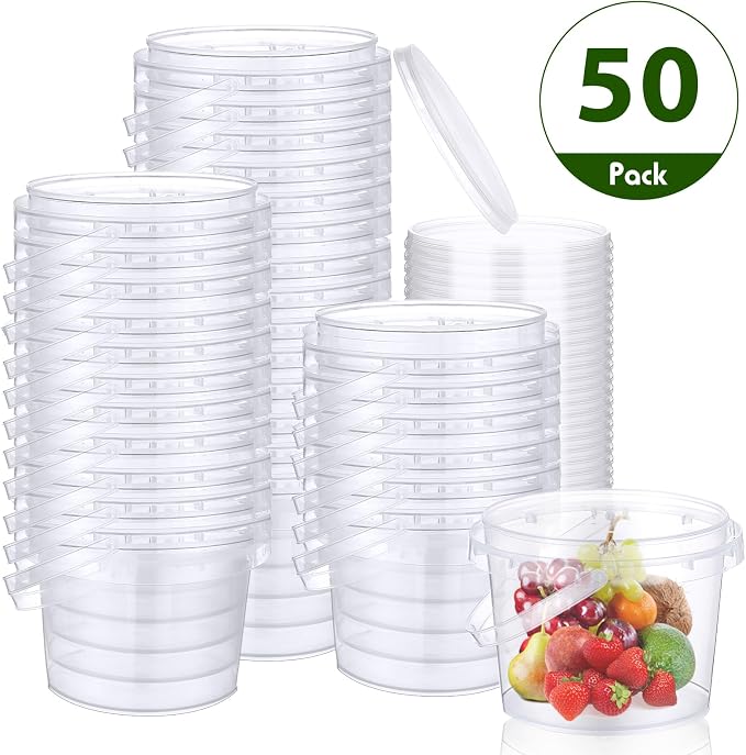 50 Pcs Food Clear Bucket Plastic Gallon Bucket Round Reusable Ice Cream Containers with Lids and Handles Airtight Clear Plastic Tub Freezer Reusable Pail for Popcorn Kitchen Drinks Home(8oz) - Image 3