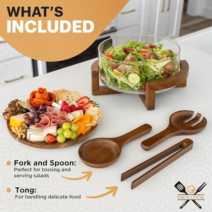 X-Large 6.5 L Glass Salad Bowl with Lid Set, Decorative Glass Mixing Bowl, Trifle and Serving Bowls with Lids as Cheese Charcuterie Board and Plate, Comes with Wood Serving Utensils - Image 2