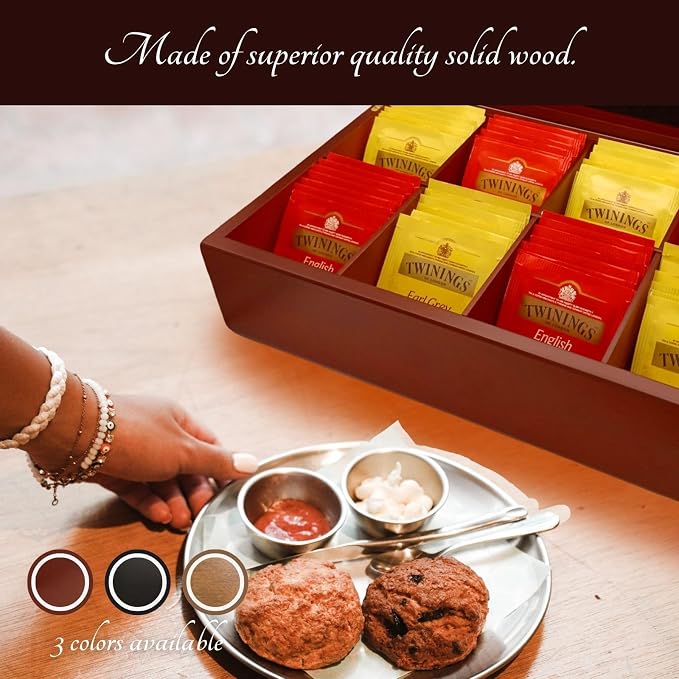BJOYFUL&LOVED Wooden Tea Box, 8-Compartment Tea Organizer, Black Color | Removable Dividers Customize Storage for Tea Bags, Sugar Packets, Coffee Capsules, Jewelry, Watches and Small Accessories - Image 9