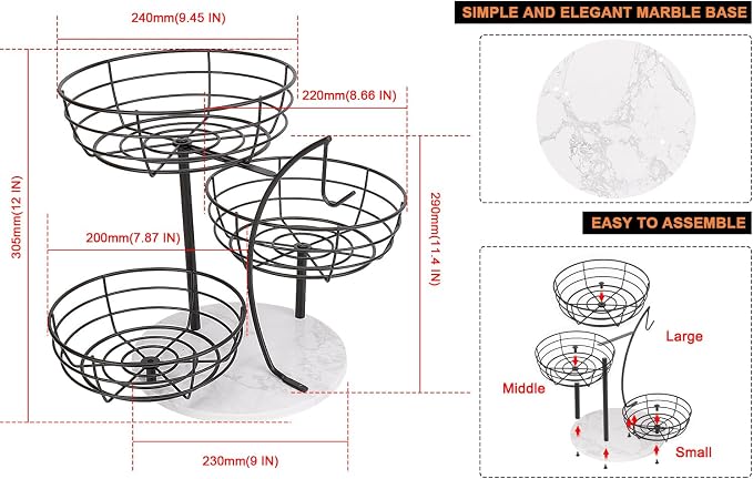 Livabber Fruit Basket Bowl with Banana Hanger, Metal Fruit Vegetable Storage Basket with Banana Holder for Kitchen Counter, Detachable Organizer for Bread Snack Produce (Black, 3-Tier Marble Base) - Image 2