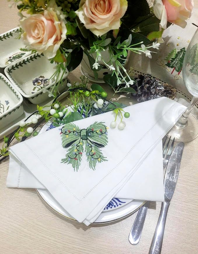Embroidered Cloth Napkin Green Bow Christmas Cotton Napkins Set of 6, 20 x 20 Hemstitch Table Napkins, Machine Washable, for Daily & Holiday Dining, Great Gift Ideas - Image 3