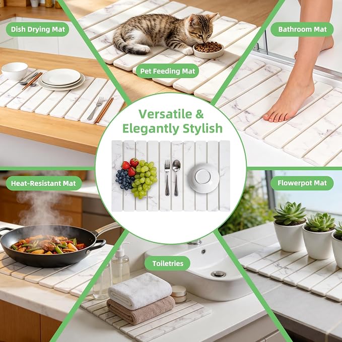 Large Stone Dish Drying Mat for Kitchen Counter, 24"×16" Foldable Quick Drying Mat, Absorbent Diatomaceous Earth Drying Mat for Bottles Cups Dishes, Match Any Countertop (White Marble, 24" x 16") - Image 3