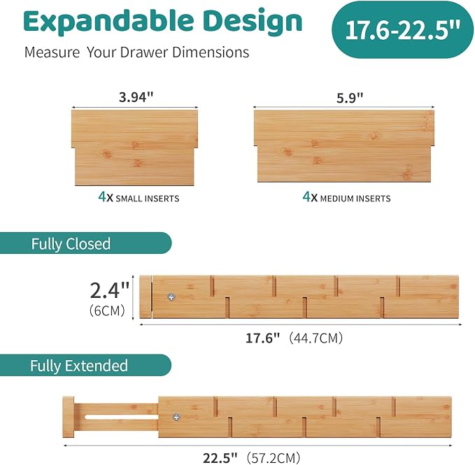 Bamboo Drawer Dividers with Inserts, Kitchen Adjustable Drawer Organizers, Expandable Organization for Home, Dressers, 4 Dividers with 8 Inserts - Image 4