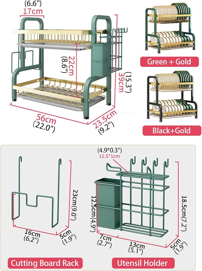 CAKERS Dish Drying Rack with Removable Drain Tray|Carbon Steel Dish Strainers for Kitchen Counter|Tableware Holder Dinnerware Drainer Organizer,Black Gold,2 Tier(Extra Long)-Main Shelf with Set - Image 2