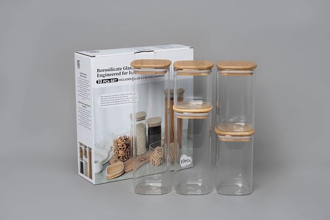 Glass Food Storage Jars,Spaghetti Pasta Storage Container,Borosilcate Glass Canister Set with Eco-Friendly Bamboo Lids for Noodles Flour Cereal Coffee Beans - 10 pc set - Image 4