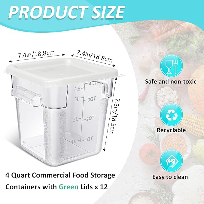 Yungyan 12 Pcs 4 Qt Commercial Food Storage Containers with Lids Restaurant Square Airtight Food Storage Containers Clear Cereal Container for Kitchen Freezer Dishwasher Pantry (White Lid) - Image 2