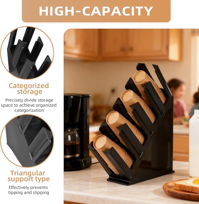 Black Commercial Cup and Lid Holder with Straw Organizer,Disposable Coffee Cup Condiment Dispenser for Countertop Org, Bar, Beverage Cup, Kitchen, Breakroom,15.2"x11.6"x4.52" (Slanted cup holder) - Image 5