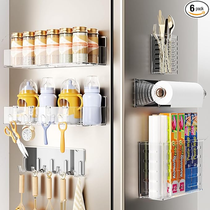 Magnetic Spice Rack for Refrigerator,6 Pack Magnetic Shelf,Fridge Magnet Organizer with Paper Towel Holder,Utensils Racks,Hook Rack,Deepened Basket,Fridge Organizers and Storage Clear(6 Pack) by Mystozer