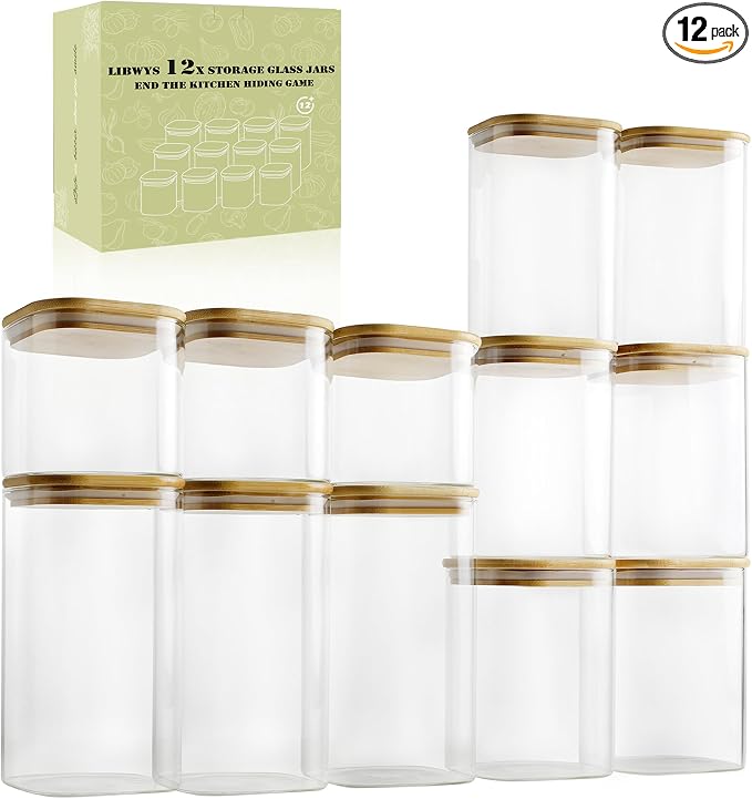 LIBWYS 12-Pack Glass Pantry Storage Jars with Bamboo Lids(0.76/1.22/1.67Qt) | Stackable Dry Food Containers for Pantry Organization, Coffee, Flour, Snacks, Tea, Pasta, Spaghetti | Kitchen Canisters Set by LIBWYS