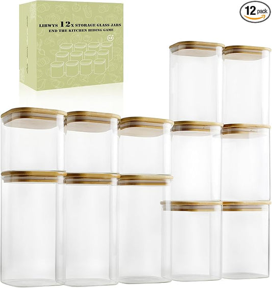LIBWYS 12-Pack Glass Pantry Storage Jars with Bamboo Lids(0.76/1.22/1.67Qt) | Stackable Dry Food Containers for Pantry Organization, Coffee, Flour, Snacks, Tea, Pasta, Spaghetti | Kitchen Canisters Set by LIBWYS