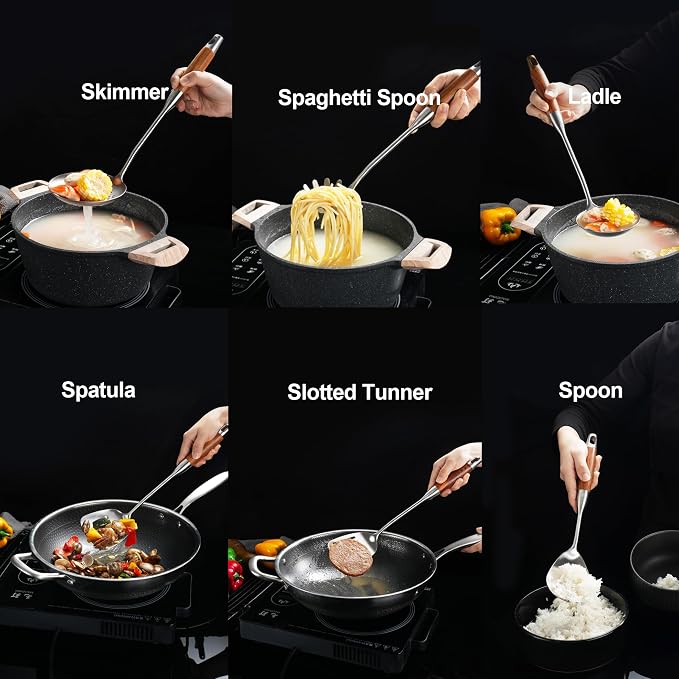 Stainless Steel Cooking Utensils Set with Wooden Handle 12.5"-14" | 304-Healthy;Wooden handle-Anti-scald;Good length,hanging hole-Easy to store;Gift-Bridal shower,Xmas,thanksgiving,housewarming - Image 2