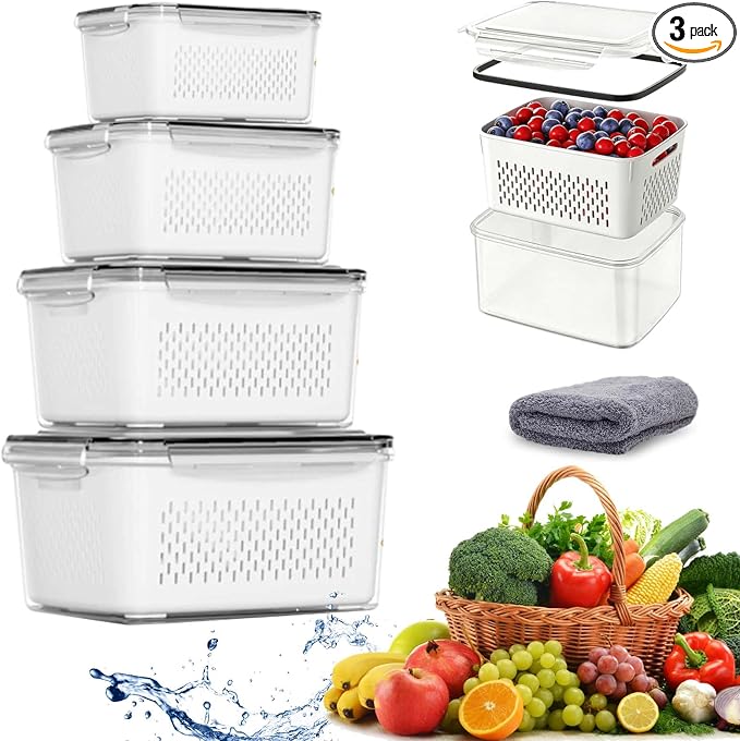 4 In 1 Food Storage Containers, Produce Storage Containers for Fridge, Fruit Storage Containers with Colander, Leakproof Fridge Organizer Bins for Salad Berry Vegetables Meat Keeper Fresh (4 Set) by WarmCozyHome