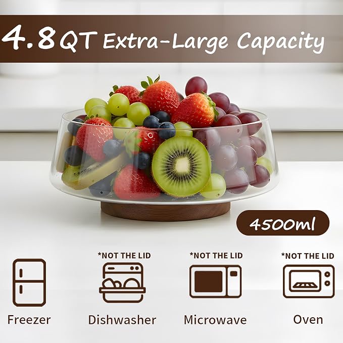 Extra Large Glass Salad Bowl Set, 4.8Qt Mixing Bowl with Acacia Wood Lid, Base and Salad Serving Utensils, Clear Serving Bowl Trifle Bowl, Elegant Salad Bowls for Kitchen,Parties,Christmas - Image 4