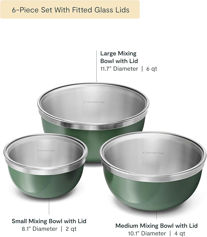 Caraway 6-Piece Stainless Steel Mixing Bowl Set with Glass Lids | 6 qt, 4 qt, 2 qt Kitchen Bowls with Tempered Glass Lids, Non-Toxic, PFAS-Free, Sage - Image 2
