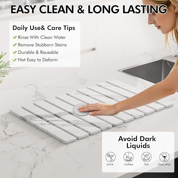4 Pcs Diatomaceous Earth Dish Drying Mat Set, 24''x16'' Stone Dish Drying Mat, Faucet Mat and 2 Coasters for Kitchen Counter, Super Absorbent Quick Dry Mats for Dishes Bottles Cups - Image 5